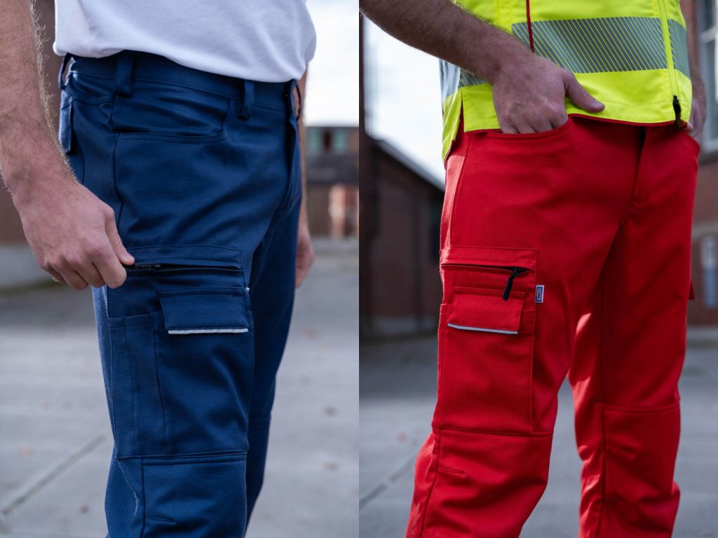 Rode en blauwe stretchbroeken details